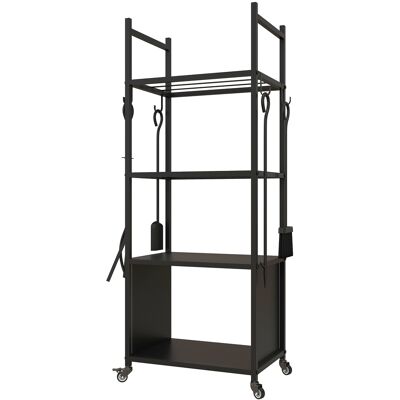 Outsunny Leñero de 4 Niveles Soporte para Leña con Ruedas Pala Atizador Cepillo Tenazas para Interior Exterior 45x30x118 cm Negro Aosom España Outsunny Leñero de 4 Niveles Soporte para Leña con Ruedas Pala Atizador Cepillo Tenazas para Interior Exterior 45x30x118 cm Negro Aosom España