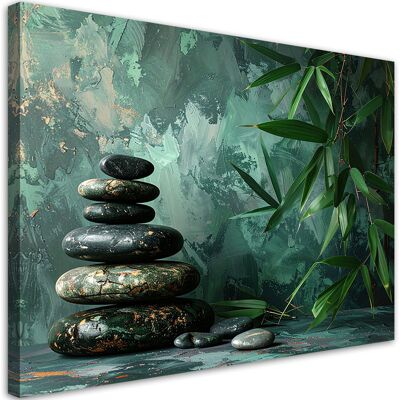 FEEBY Impresión De Imagen, Piedras Zen Bambú Sobre Fondo Verde, 120x80 FEEBY Impresión De Imagen, Piedras Zen Bambú Sobre Fondo Verde, 120x80