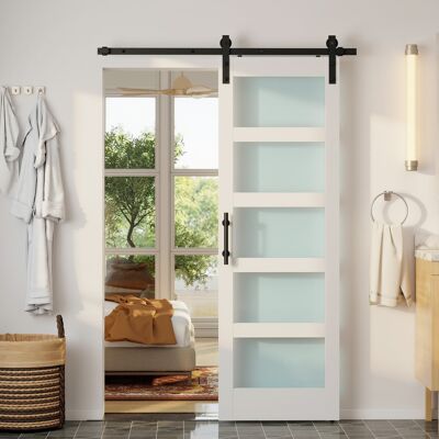 Homcom Puerta Corredera 71x213 Cm Con Kit De Montaje, Puerta De Granero Con Paneles De Vidrio, Guía De Piso, Blanco Homcom Puerta Corredera 71x213 Cm Con Kit De Montaje, Puerta De Granero Con Paneles De Vidrio, Guía De Piso, Blanco