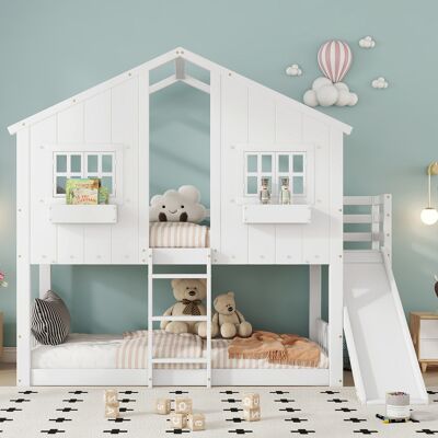 JHY DESIGN Litera Infantil Con Tobogán, Techo Y Ventana, Barandilla De Seguridad Y Escalera De Tres Peldaños, De Pino Y Mdf, Blanca, 90 X 200 Cm. JHY DESIGN Litera Infantil Con Tobogán, Techo Y Ventana, Barandilla De Seguridad Y Escalera De Tres Peldaños, De Pino Y Mdf, Blanca, 90 X 200 Cm.