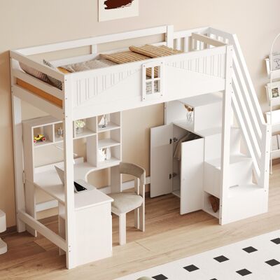JHY DESIGN Cama Alta De Madera Maciza De 90 X 200 Cm, Puerta De Seguridad Individual Con Ventana, Escalera Lateral De Seguridad Con Espacio De Almacenamiento (reversible Izquierda/derecha), Cama Multifuncional, JHY DESIGN Cama Alta De Madera Maciza De 90 X 200 Cm, Puerta De Seguridad Individual Con Ventana, Escalera Lateral De Seguridad Con Espacio De Almacenamiento (reversible Izquierda/derecha), Cama Multifuncional,