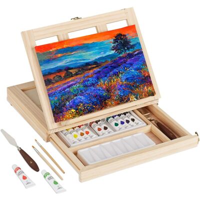 Relaxdays - Caballete Mesa Y Kit De Pintura, Lienzo, Pincel, Acrílicos, Espátula Y Paleta, Ajustable, Natural Relaxdays - Caballete Mesa Y Kit De Pintura, Lienzo, Pincel, Acrílicos, Espátula Y Paleta, Ajustable, Natural