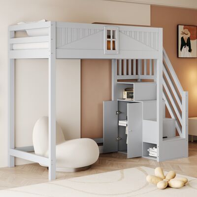 JHY DESIGN Cama Alta De Madera Maciza De 90 X 200 Cm, Puerta De Seguridad Individual Con Ventana, Escalera Lateral De Seguridad Con Espacio De Almacenamiento (reversible Izquierda/derecha), Cama Multifuncional, JHY DESIGN Cama Alta De Madera Maciza De 90 X 200 Cm, Puerta De Seguridad Individual Con Ventana, Escalera Lateral De Seguridad Con Espacio De Almacenamiento (reversible Izquierda/derecha), Cama Multifuncional,