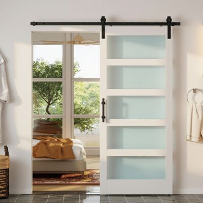 Homcom Puerta Corredera 91x213 Cm Con Kit De Montaje, Puerta De Granero Con Paneles De Vidrio, Guía De Piso, Blanco Homcom Puerta Corredera 91x213 Cm Con Kit De Montaje, Puerta De Granero Con Paneles De Vidrio, Guía De Piso, Blanco
