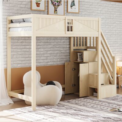 JHY DESIGN Cama Alta De Madera Maciza De 90 X 200 Cm, Puerta De Seguridad Individual Con Ventana, Escalera Lateral De Seguridad Con Espacio De Almacenamiento (reversible Izquierda/derecha), Cama Multifuncional, JHY DESIGN Cama Alta De Madera Maciza De 90 X 200 Cm, Puerta De Seguridad Individual Con Ventana, Escalera Lateral De Seguridad Con Espacio De Almacenamiento (reversible Izquierda/derecha), Cama Multifuncional,