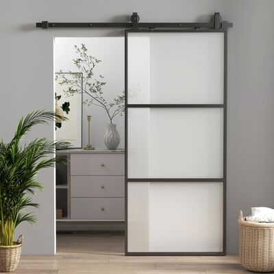 JHY DESIGN Puerta Corredera Con Cristal Esmerilado, Sistema De Rieles, Kit De Montaje, Mecanismo De Cierre Suave, Fácil Montaje, Acero, Negro. JHY DESIGN Puerta Corredera Con Cristal Esmerilado, Sistema De Rieles, Kit De Montaje, Mecanismo De Cierre Suave, Fácil Montaje, Acero, Negro.