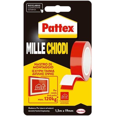 Pattex Nastro Biadesivo 'millechiodi' Mm 19 X 1,5 Mt Pattex Nastro Biadesivo 'millechiodi' Mm 19 X 1,5 Mt