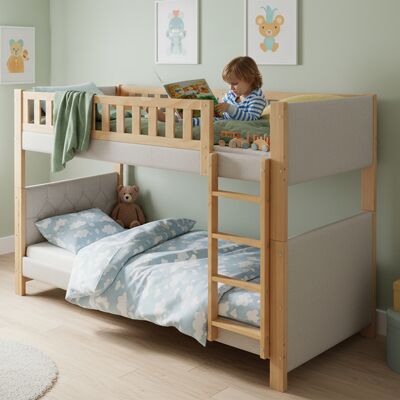 JHY DESIGN Litera Infantil, Cantos De Espuma Amortiguadora, Escalera Recta De Cuatro Peldaños, Base De Listones Estable, Madera De Caucho Y Mdf, Gris Y Natural, 90 X 200 Cm JHY DESIGN Litera Infantil, Cantos De Espuma Amortiguadora, Escalera Recta De Cuatro Peldaños, Base De Listones Estable, Madera De Caucho Y Mdf, Gris Y Natural, 90 X 200 Cm