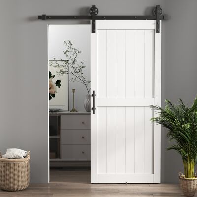 JHY DESIGN Puerta Corredera De Estilo Rústico Con Riel Y Tirador, Madera Y Acero, 183 X 0,6 X 4 Cm, Blanco Y Negro. JHY DESIGN Puerta Corredera De Estilo Rústico Con Riel Y Tirador, Madera Y Acero, 183 X 0,6 X 4 Cm, Blanco Y Negro.