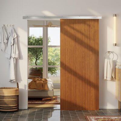 Homcom Puerta Corredera Con Herrajes 90x210 Cm, Puerta Corredera De Interior Con Rodillo, Riel De Aluminio, Guía De Suelo, Para Baño, Salón, Marrón Homcom Puerta Corredera Con Herrajes 90x210 Cm, Puerta Corredera De Interior Con Rodillo, Riel De Aluminio, Guía De Suelo, Para Baño, Salón, Marrón