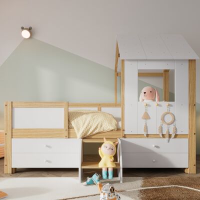 JHY DESIGN Cama Infantil Tipo Loft, Cama Tipo Cabaña Con Techo Y Ventana, Barandillas En Los Cuatro Lados, Con 4 Cajones Y Una Pequeña Escalera, Pino + Mdf + Contrachapado, Blanco + Natural, 90 X 200 Cm JHY DESIGN Cama Infantil Tipo Loft, Cama Tipo Cabaña Con Techo Y Ventana, Barandillas En Los Cuatro Lados, Con 4 Cajones Y Una Pequeña Escalera, Pino + Mdf + Contrachapado, Blanco + Natural, 90 X 200 Cm