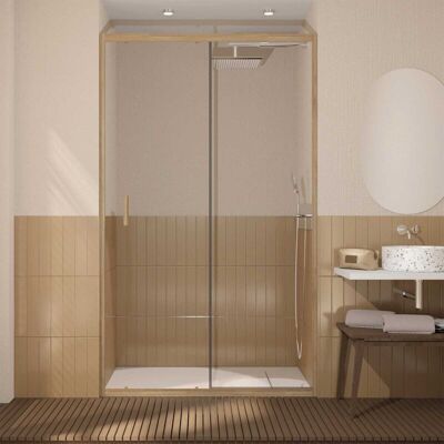 Aurlane - Puerta de Ducha Corredera 120x200cm - Perfiles de Aluminio Efecto Madera - Vidrio 6mm Aurlane - Puerta de Ducha Corredera 120x200cm - Perfiles de Aluminio Efecto Madera - Vidrio 6mm