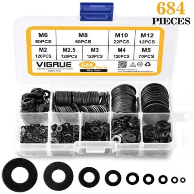 OEM Surtido De Arandelas Planas - 684 Piezas - 9 Tamaños M2 M2.5 M3 M4 M5 M6 M8 M10 M12 - Arandelas De Aleación De Acero Cincado Negro, OEM Surtido De Arandelas Planas - 684 Piezas - 9 Tamaños M2 M2.5 M3 M4 M5 M6 M8 M10 M12 - Arandelas De Aleación De Acero Cincado Negro,
