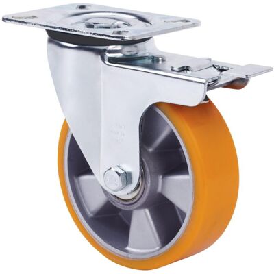 Alex - Rueda giratoria placa freno 4mm 160mm aluminio-poliur. naranja - Rueda con freno Alex - Rueda giratoria placa freno 4mm 160mm aluminio-poliur. naranja - Rueda con freno