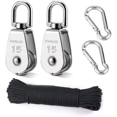 TONCHEAN Polea De Elevación, 2 Piezas De 15 Mm, Polea De Acero Inoxidable 304, 2 Piezas De Polea Simple M15, Para Cuerdas Y Cables, Con Cuerda De Escalada De 8 Mm, 20 M TONCHEAN Polea De Elevación, 2 Piezas De 15 Mm, Polea De Acero Inoxidable 304, 2 Piezas De Polea Simple M15, Para Cuerdas Y Cables, Con Cuerda De Escalada De 8 Mm, 20 M