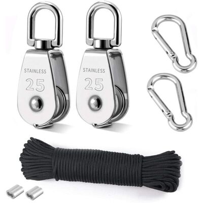 TONCHEAN Polea De Elevación, 2 Piezas De 25 Mm, Polea De Acero Inoxidable 304, 2 Piezas De Polea Simple M25, Para Cuerdas Y Cables, Con Cuerda De Escalada De 8 Mm, 20 M TONCHEAN Polea De Elevación, 2 Piezas De 25 Mm, Polea De Acero Inoxidable 304, 2 Piezas De Polea Simple M25, Para Cuerdas Y Cables, Con Cuerda De Escalada De 8 Mm, 20 M