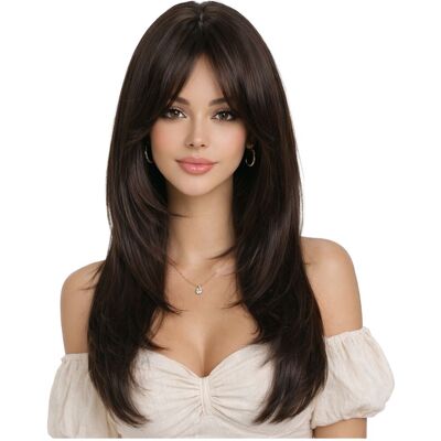 OEM Peluca De Mujer De Cabello Liso Castaño Oscuro Chocolate Con Flequillo Natural. OEM Peluca De Mujer De Cabello Liso Castaño Oscuro Chocolate Con Flequillo Natural.
