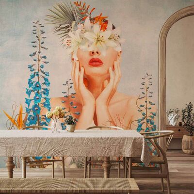 OEM Fotomural - Naturaleza En Pensamientos - Una Figura Femenina Entre Flores Sobre Un Fondo Estampado OEM Fotomural - Naturaleza En Pensamientos - Una Figura Femenina Entre Flores Sobre Un Fondo Estampado