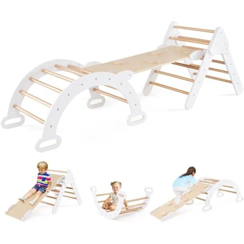 Costway - 4 en 1 Triángulo de Escalada de Madera para Niños, Juego de Escalada con Triángulo, Arco, Rampa para Deslizarse o Escalar, Set de Escalada