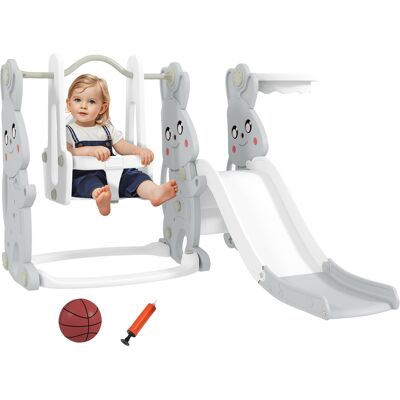 JHY DESIGN Juego Infantil 4 En 1 Para Niños Pequeños: Tobogán, Columpio, Estructura Para Trepar, Canasta De Baloncesto, Plástico, Diseño De Conejo, Gris. JHY DESIGN Juego Infantil 4 En 1 Para Niños Pequeños: Tobogán, Columpio, Estructura Para Trepar, Canasta De Baloncesto, Plástico, Diseño De Conejo, Gris.