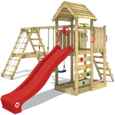 Wickey Parque Infantil De Madera Rocketflyer Con Columpio Y Tobogán Rojo Torre De Escalada De Exterior Con Arenero Y Escalera Para Niños Wickey Parque Infantil De Madera Rocketflyer Con Columpio Y Tobogán Rojo Torre De Escalada De Exterior Con Arenero Y Escalera Para Niños