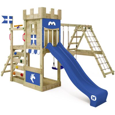 Wickey Parque Infantil De Madera Dragonflyer Con Columpio Y Tobogán Torre De Escalada De Exterior Con Arenero Y Escalera Para Niños - Azul Wickey Parque Infantil De Madera Dragonflyer Con Columpio Y Tobogán Torre De Escalada De Exterior Con Arenero Y Escalera Para Niños - Azul