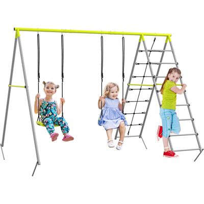 JHY DESIGN Columpio Infantil 4 En 1 Con 2 Asientos, Escalera Y Red Para Trepar, Color Verde. JHY DESIGN Columpio Infantil 4 En 1 Con 2 Asientos, Escalera Y Red Para Trepar, Color Verde.