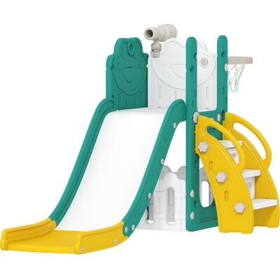JHY DESIGN Juego Infantil 5 En 1: Tobogán Telescópico, Aro De Baloncesto, De Plástico, Amarillo Y Verde. JHY DESIGN Juego Infantil 5 En 1: Tobogán Telescópico, Aro De Baloncesto, De Plástico, Amarillo Y Verde.