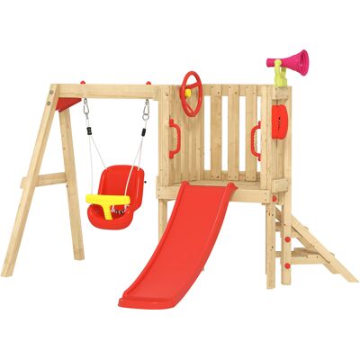 Outsunny Columpio Y Tobogán Infantil 5 En 1 Parque Infantil Exterior De Madera Con Columpio, Tobogán, Volante, Bocina, Teléfono Para 18-48 Meses, Rojo Outsunny Columpio Y Tobogán Infantil 5 En 1 Parque Infantil Exterior De Madera Con Columpio, Tobogán, Volante, Bocina, Teléfono Para 18-48 Meses, Rojo