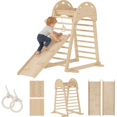 JHY DESIGN Triángulo De Escalada Montessori 6 En 1 Con Plataforma Y Anillas, Estructura De Escalada De Madera Con Tobogán Natural. JHY DESIGN Triángulo De Escalada Montessori 6 En 1 Con Plataforma Y Anillas, Estructura De Escalada De Madera Con Tobogán Natural.