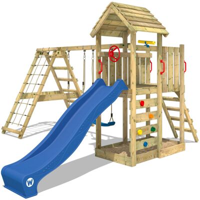 Wickey Parque Infantil De Madera Rocketflyer Con Columpio Y Tobogán Azul Torre De Escalada De Exterior Con Arenero Y Escalera Para Niños Wickey Parque Infantil De Madera Rocketflyer Con Columpio Y Tobogán Azul Torre De Escalada De Exterior Con Arenero Y Escalera Para Niños