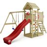 wickey Parque infantil de madera MultiFlyer Techo de madera con columpio y tobogán Torre de escalada de exterior con techo, arenero y escalera para niños