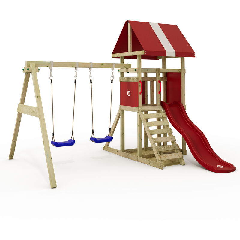 wickey Torre de juego DinkyHouse con columpio y tobogán, casa del árbol con arenero, escalera para trepar y accesorios de juego - rojo - rojo - Wickey