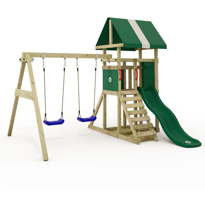 wickey Torre de juego DinkyHouse con columpio y tobogán, casa del árbol con arenero, escalera para trepar y accesorios de juego - verde - verde - Wickey