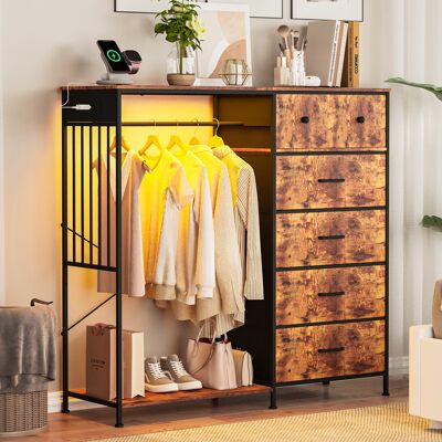 ACEKOOL 6-drawer Fabric Dresser With Hanging Rack, Led Lights & Charging Station, Metal Frame, Brown ACEKOOL 6-drawer Fabric Dresser With Hanging Rack, Led Lights & Charging Station, Metal Frame, Brown