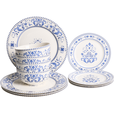 BELIANI Vajilla De 12 Piezas De Porcelana Acabado Esmaltado Con Diseño Abstracto Para 4 Personas Comedor Cocina Blanco Y Azul Galangal BELIANI Vajilla De 12 Piezas De Porcelana Acabado Esmaltado Con Diseño Abstracto Para 4 Personas Comedor Cocina Blanco Y Azul Galangal