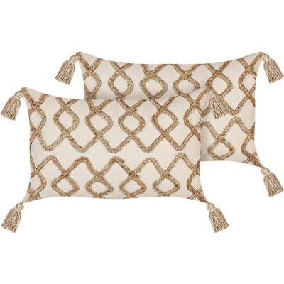 BELIANI Conjunto De 2 Cojines De Algodón Beige 30 X 50 Cm Patrón Geométrico Borlas Incana BELIANI Conjunto De 2 Cojines De Algodón Beige 30 X 50 Cm Patrón Geométrico Borlas Incana