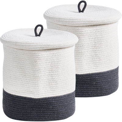BELIANI Conjunto De 2 Cestas De Algodón 32 Cm A Rayas Tapa Accesorios Boho Gris/blanco Silopi BELIANI Conjunto De 2 Cestas De Algodón 32 Cm A Rayas Tapa Accesorios Boho Gris/blanco Silopi