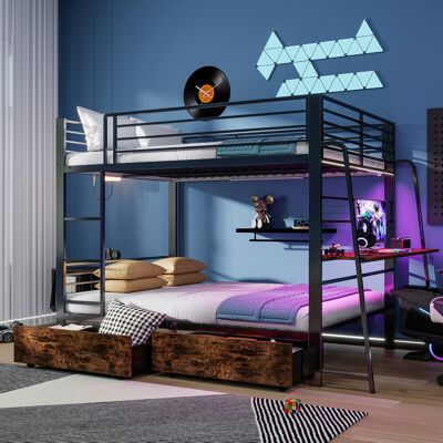 JHY DESIGN Sofá Cama De 140 X 200 Cm, Estructura Metálica, Cama Alta Con Escritorio Y 2 Cajones, Tira Led Sincronizada Con La Música, Toma De Corriente, Barandilla Y Escalera, Carga Máxima 250 Kg, Color Negro. JHY DESIGN Sofá Cama De 140 X 200 Cm, Estructura Metálica, Cama Alta Con Escritorio Y 2 Cajones, Tira Led Sincronizada Con La Música, Toma De Corriente, Barandilla Y Escalera, Carga Máxima 250 Kg, Color Negro.