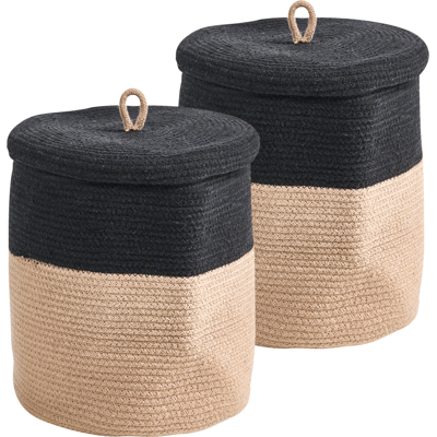 BELIANI Conjunto De 2 Cestas De Algodón 32 Cm A Rayas Tapa Accesorios Boho Negro/beige Silopi BELIANI Conjunto De 2 Cestas De Algodón 32 Cm A Rayas Tapa Accesorios Boho Negro/beige Silopi