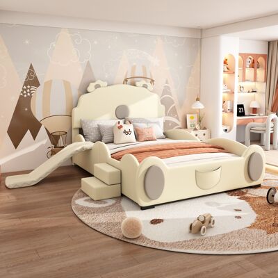 JHY DESIGN Cama Infantil De 140 X 200 Cm, Con Estampado De Osos, Tobogán Y Escalera, De Poliuretano Beige, Fácil De Limpiar, Con Una Forma Adorable. JHY DESIGN Cama Infantil De 140 X 200 Cm, Con Estampado De Osos, Tobogán Y Escalera, De Poliuretano Beige, Fácil De Limpiar, Con Una Forma Adorable.