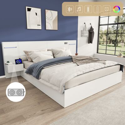 JHY DESIGN Cama Doble De 180 X 200 Cm, De Madera, Con Puerto Usb, Despertador Electrónico, Altavoz Bluetooth, Tira De Luces De Colores, Colchón Integrado, 2 Mesitas De Noche (sin Cajones), Colchón No Incluido, C JHY DESIGN Cama Doble De 180 X 200 Cm, De Madera, Con Puerto Usb, Despertador Electrónico, Altavoz Bluetooth, Tira De Luces De Colores, Colchón Integrado, 2 Mesitas De Noche (sin Cajones), Colchón No Incluido, C