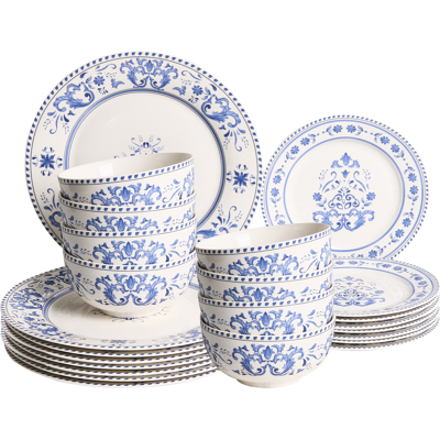 BELIANI Vajilla De 24 Piezas De Porcelana Acabado Esmaltado Con Diseño Abstracto Para 8 Personas Comedor Cocina Blanco Y Azul Galangal BELIANI Vajilla De 24 Piezas De Porcelana Acabado Esmaltado Con Diseño Abstracto Para 8 Personas Comedor Cocina Blanco Y Azul Galangal