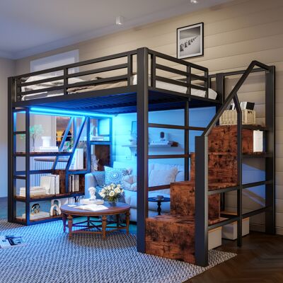 JHY DESIGN Cama Alta, 140 X 200 Cm, Estructura De Hierro, Compartimento De Almacenamiento, Escalones Integrados, Barandilla De Seguridad, Escalera, Iluminación Led, Espacio De Almacenamiento Abierto Debajo De La JHY DESIGN Cama Alta, 140 X 200 Cm, Estructura De Hierro, Compartimento De Almacenamiento, Escalones Integrados, Barandilla De Seguridad, Escalera, Iluminación Led, Espacio De Almacenamiento Abierto Debajo De La