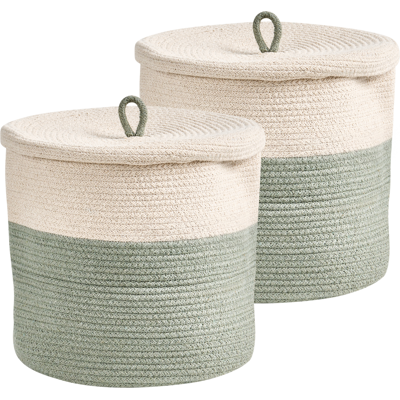 BELIANI Conjunto De 2 Cestas De Algodón 32 Cm A Rayas Tapa Accesorios Boho Beige/verde Silopi BELIANI Conjunto De 2 Cestas De Algodón 32 Cm A Rayas Tapa Accesorios Boho Beige/verde Silopi