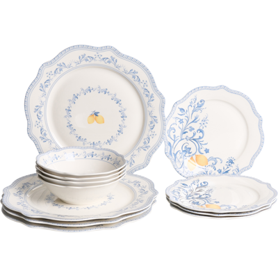 BELIANI Vajilla De 12 Piezas De Porcelana Acabado Esmaltado Con Diseño De Hojas Para 4 Personas Comedor Cocina Blanco Y Azul Lovage BELIANI Vajilla De 12 Piezas De Porcelana Acabado Esmaltado Con Diseño De Hojas Para 4 Personas Comedor Cocina Blanco Y Azul Lovage