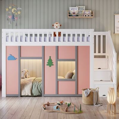JHY DESIGN Cama Alta Infantil De 90x200 Cm En Blanco Y Rosa, Cama De Altura Media Con Escaleras De Almacenamiento, Iluminación Led, Zona De Juegos, Protección Anticaídas Y Motivos Decorativos Para La Habitación JHY DESIGN Cama Alta Infantil De 90x200 Cm En Blanco Y Rosa, Cama De Altura Media Con Escaleras De Almacenamiento, Iluminación Led, Zona De Juegos, Protección Anticaídas Y Motivos Decorativos Para La Habitación