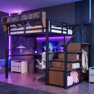 JHY DESIGN Cama Alta (140 X 200 Cm), Cama Metálica Con Tira De Luz Led, Escritorio Largo, Escalera De Seguridad Y Espacio De Almacenamiento Modular – Cama Metálica Universal Para Adultos Y Niños – Negra JHY DESIGN Cama Alta (140 X 200 Cm), Cama Metálica Con Tira De Luz Led, Escritorio Largo, Escalera De Seguridad Y Espacio De Almacenamiento Modular – Cama Metálica Universal Para Adultos Y Niños – Negra
