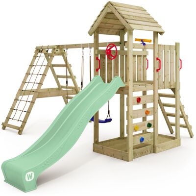 Estructura De Escalada De Madera Wickey Rocketflyer Con Columpio Y Escalada En Verde Claro Estructura De Escalada De Madera Wickey Rocketflyer Con Columpio Y Escalada En Verde Claro
