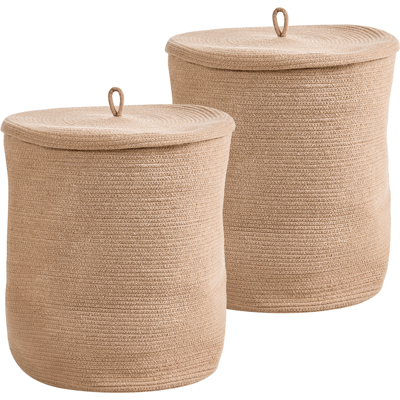 BELIANI Conjunto De 2 Cestas De Algodón 32 Cm A Rayas Tapa Accesorios Boho Beige Silopi BELIANI Conjunto De 2 Cestas De Algodón 32 Cm A Rayas Tapa Accesorios Boho Beige Silopi